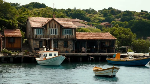 Tranquil Lakeside Scene with Wooden House and Boats