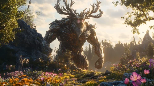 Mystical Forest Giant Amidst Blooming Flowers