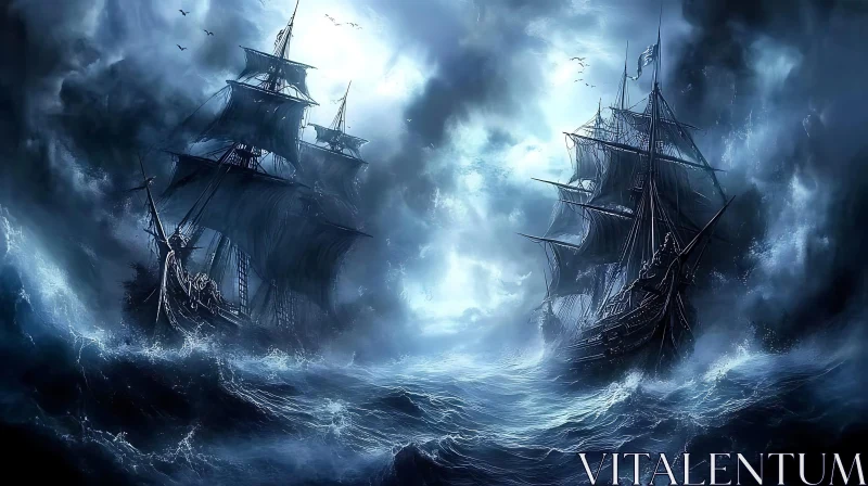 Stormy Sea Clash: Majestic Ships Battling Fierce Waves AI Image