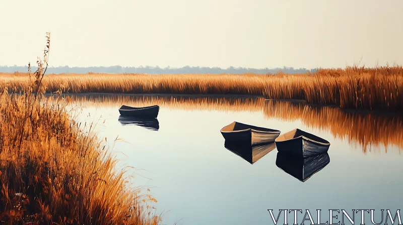 Tranquil Lake Scene with Boats and Reflections AI Image