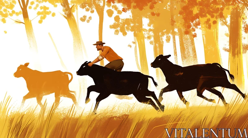 Autumn Chase: Man and Cows in a Forest AI Image