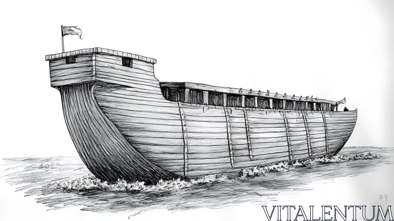 Intricate Wooden Boat Drawing AI Image