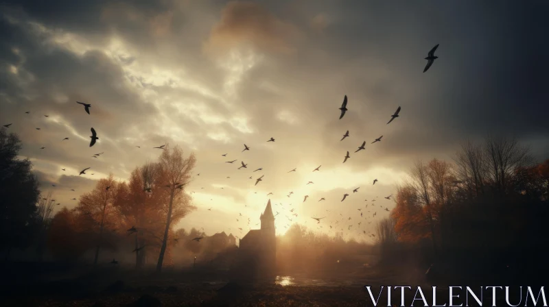 Birds Over Church: A Captivating Blend of Rustic Charm and Dark Romanticism AI Image