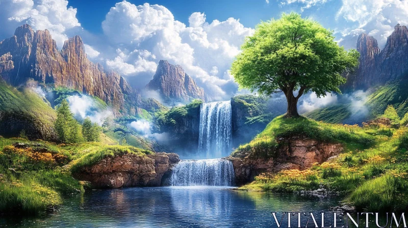 AI ART Serene Landscape with Waterfall and Tree