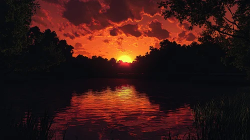 Fiery Sunset Over Serene Lake with Reflecting Waters