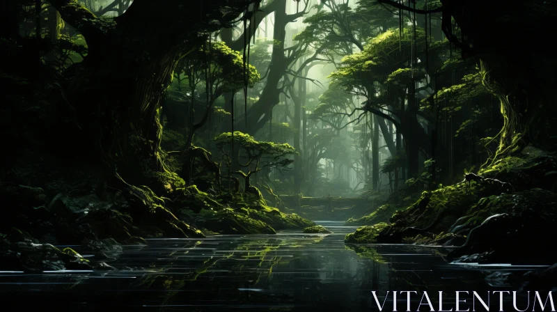 Lush, Tranquil Forest Scene with Moss and Water AI Image