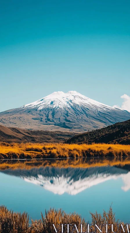 Snow-Capped Mountain Landscape with Mirror Reflection AI Image