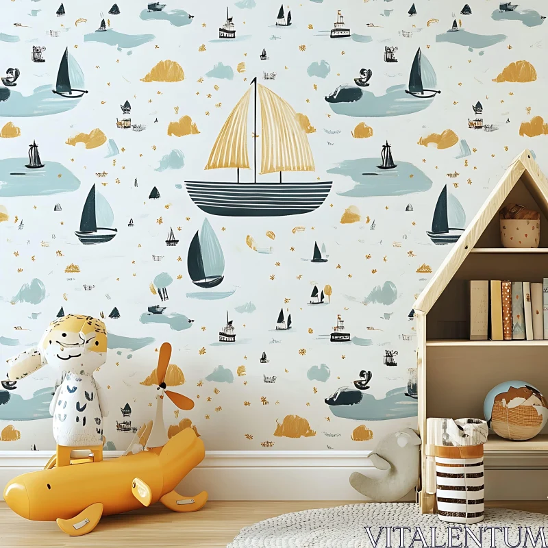 Sailboat Decorated Nursery Room AI Image