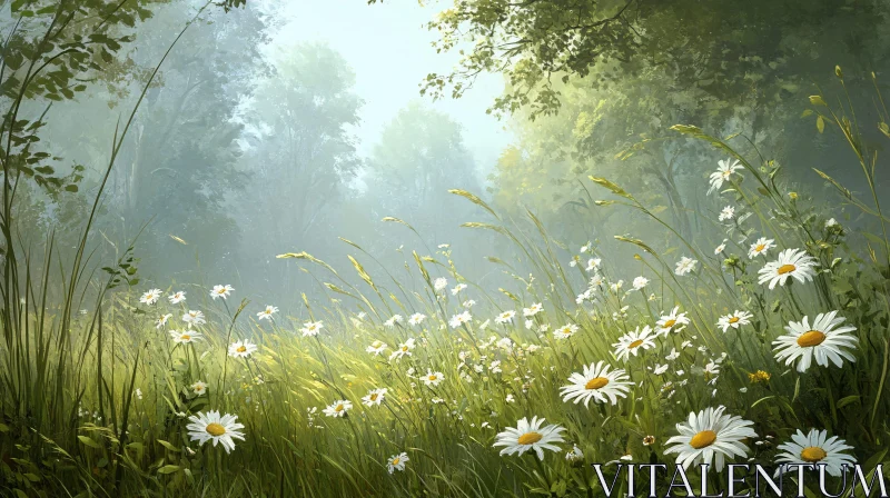 White Daisies in a Sunlit Meadow AI Image