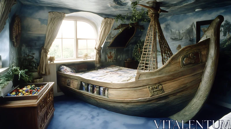 Adventure-Inspired Children's Bedroom with Pirate Ship Bed AI Image