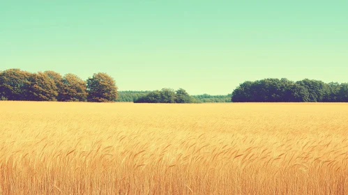 Serene Landscape of Golden Wheat Field and Clear Sky