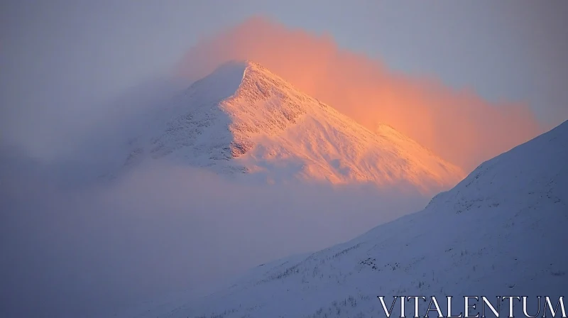 Warm Sunset Glow on Misty Mountain AI Image