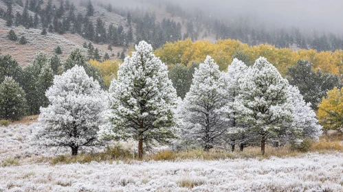 Snow-Laden Pine Trees in a Scenic Field