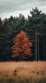 Lonely Orange Tree Amidst Evergreen Forest