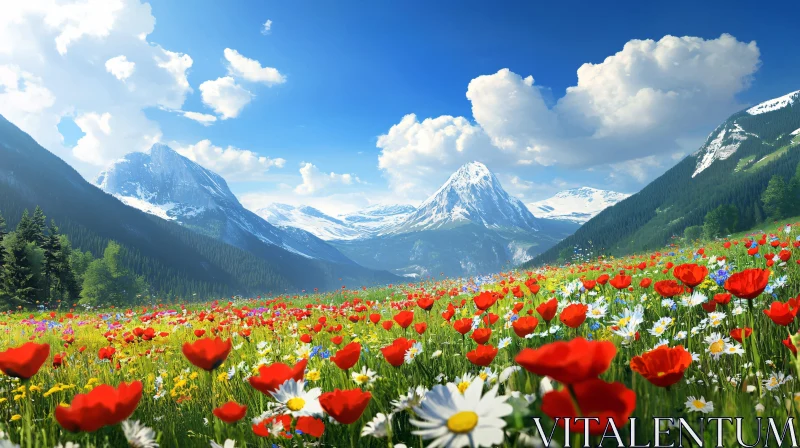 Vibrant Meadow and Snow-capped Mountains AI Image