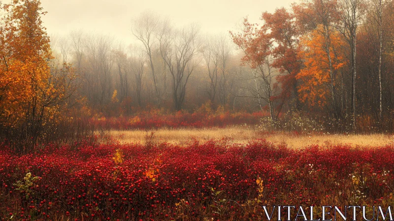 AI ART Foggy Field with Red Blossoms and Fall Trees