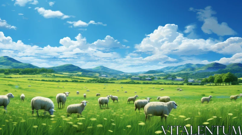 Anime Art: Sheep in a Tranquil Green Meadow AI Image