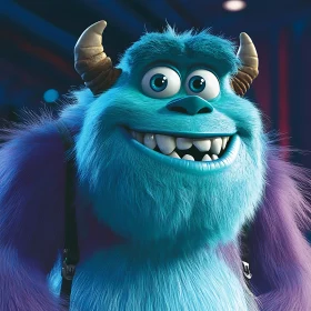 Friendly Blue Cartoon Monster with Fur and Horns