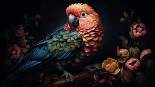 Colorful Parrot on Floral Branches - Exquisite Animal Artwork