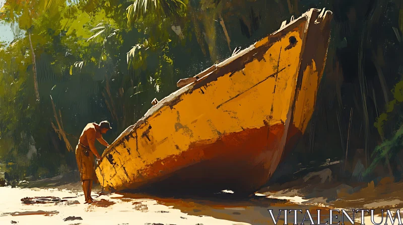 AI ART Tropical Beach with Beached Yellow Boat and Man