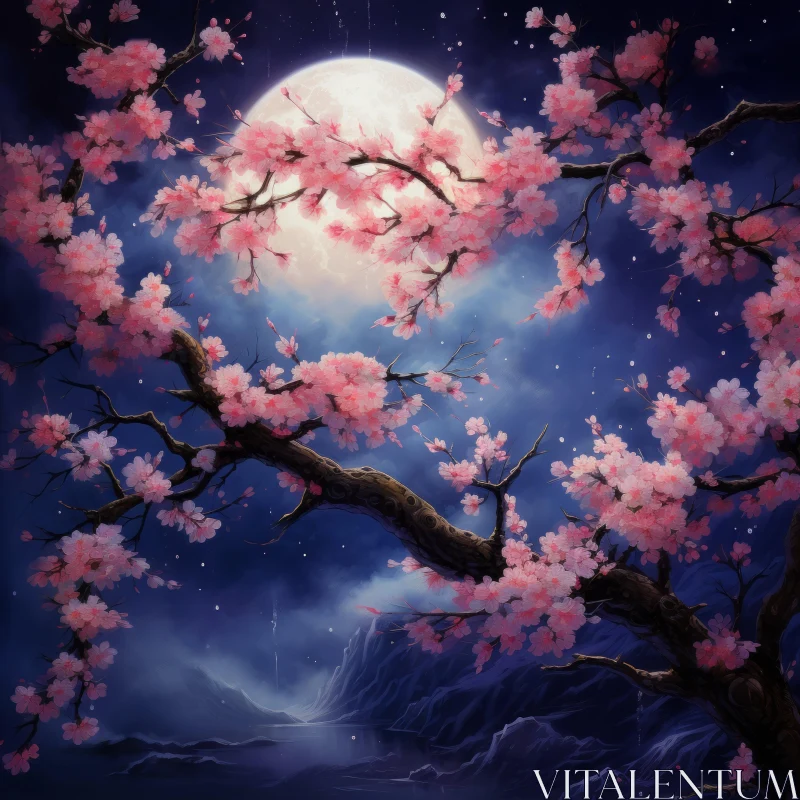 Enchanting Moonlit Cherry Blossoms - A Dreamlike Artwork AI Image