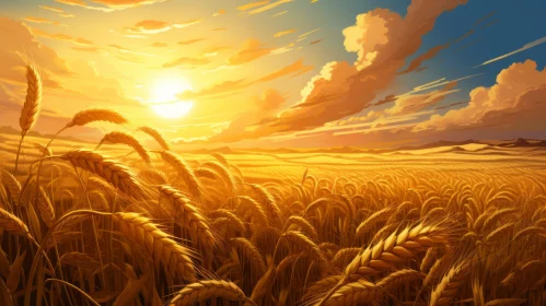 Golden Wheat Fields at Sunset - A Richly Colored Illustration