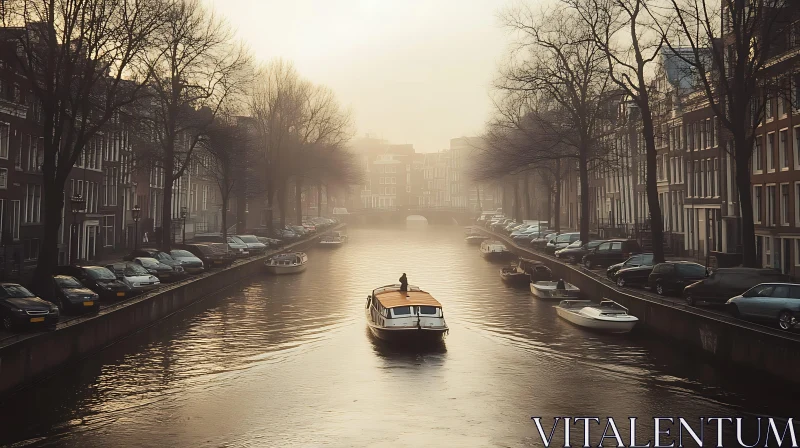 Foggy Morning on a City Canal with Boat and Buildings AI Image