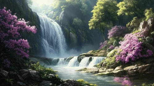 Tranquil Waterfall in a Vibrant Forest Scene