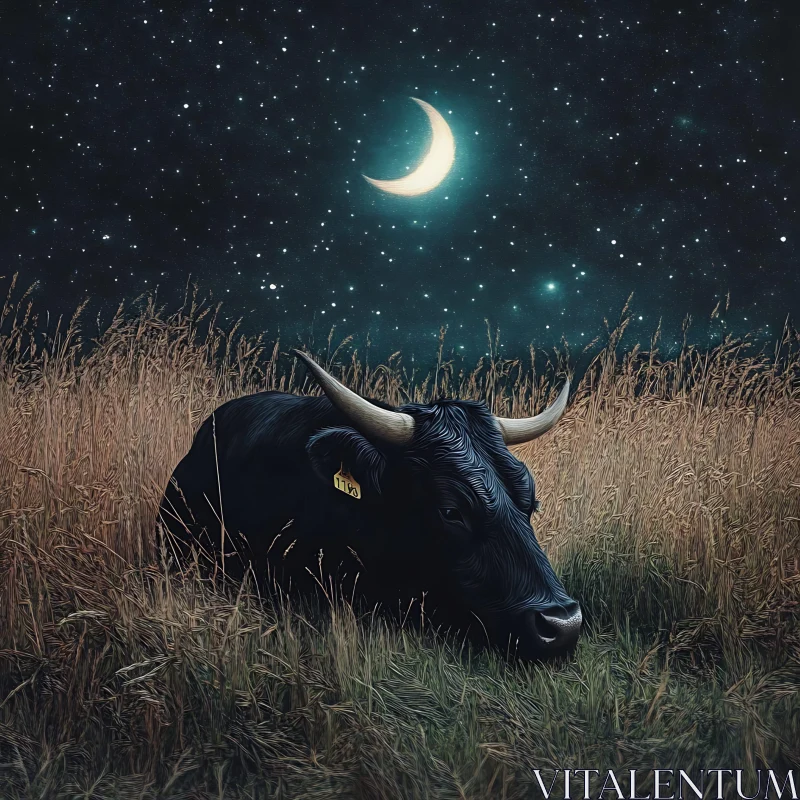 Bull Resting in Field at Night AI Image