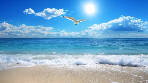 Tranquil Ocean View with Soaring Seagull