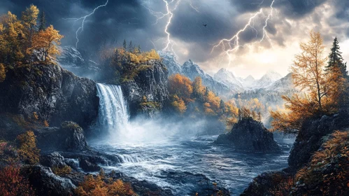 Stormy Forest Waterfall with Lightning