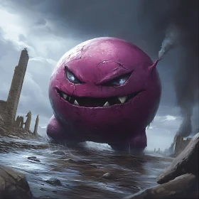 Monstrous Purple Creature in Ruined Cityscape