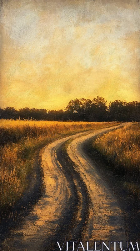 Golden Hour in a Serene Rural Field with Dirt Road AI Image