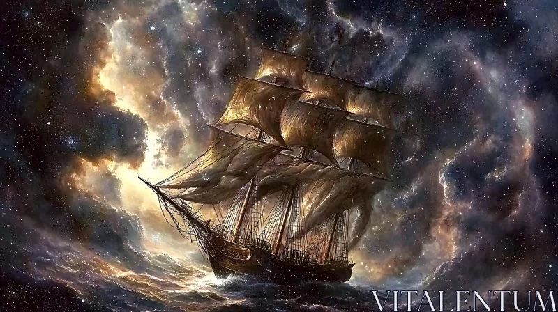 Sailing Ship in a Cosmic Landscape AI Image