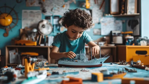 Young Child Building Model Ship Amidst Toys