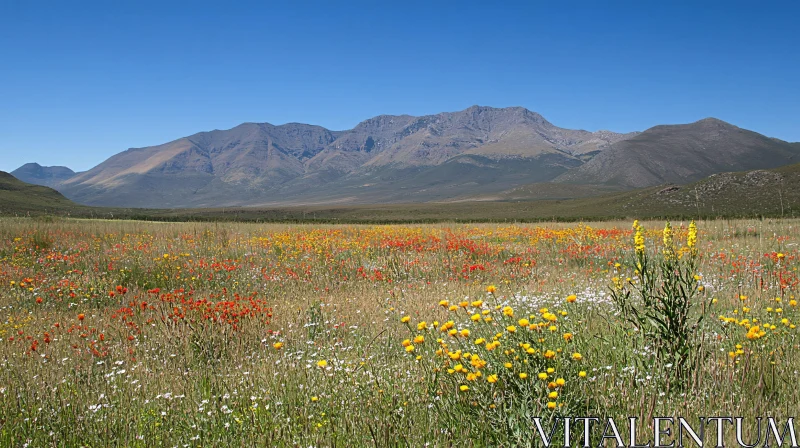 AI ART Wildflower Meadow and Mountain Range Under Blue Sky