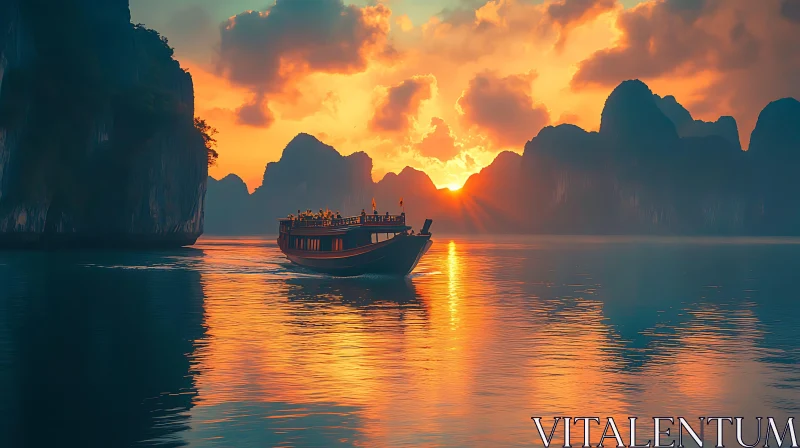 Boat at Sunset in Mountainous Waterscape AI Image