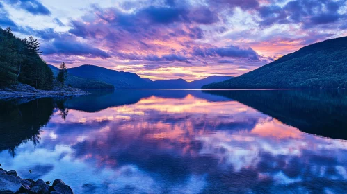 Vivid Sunset over Tranquil Mountain Lake