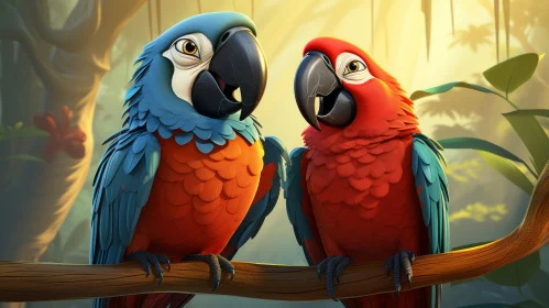 Intimate Gaze Between Red and Blue Parrots in 2D Game Art Style
