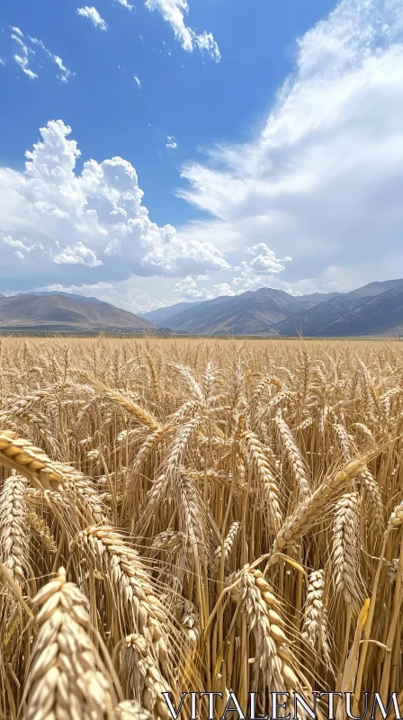 Serene Wheat Field with Mountainous Backdrop AI Image