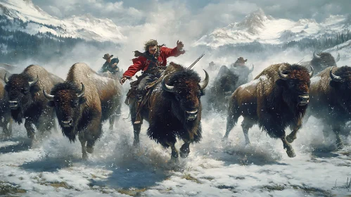 Cowboys Chasing Buffalo in Winter Wonderland