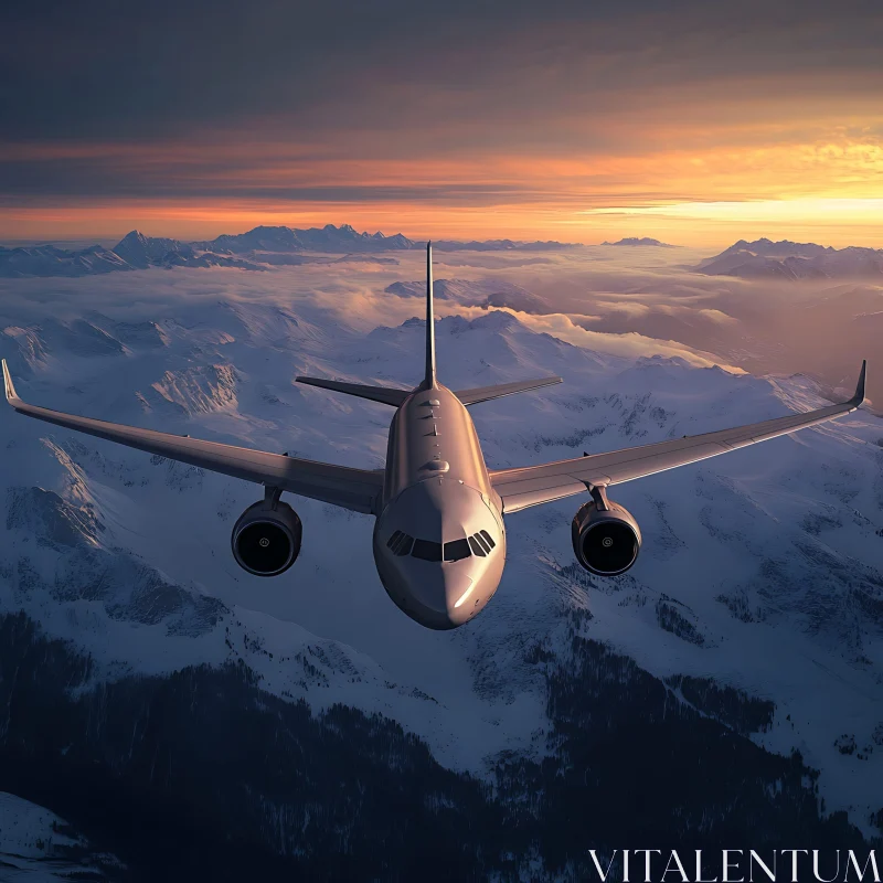 Serene Flight Over Majestic Peaks at Dusk AI Image