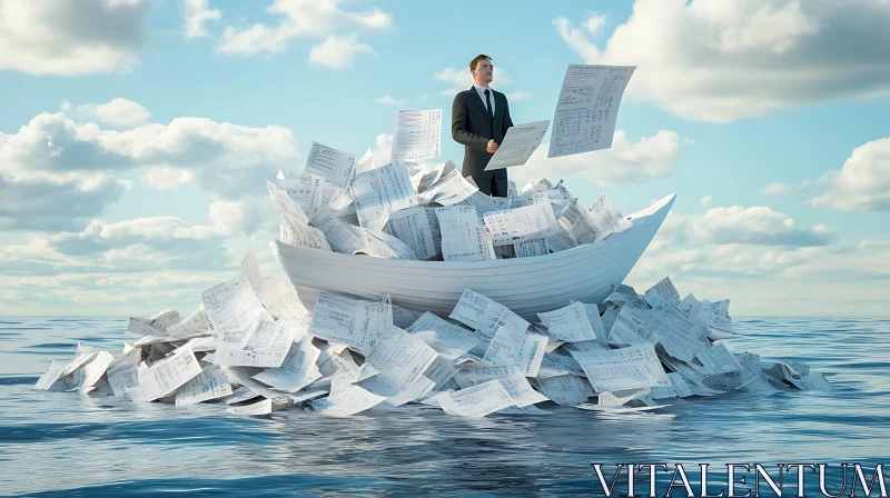 Man in a Suit on Paper-filled Boat in Ocean AI Image