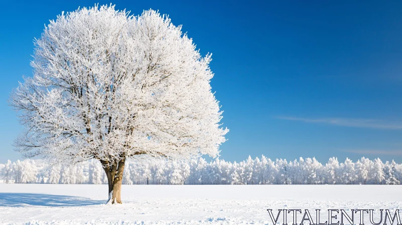 Lonely Tree in Snowy Field During Winter AI Image