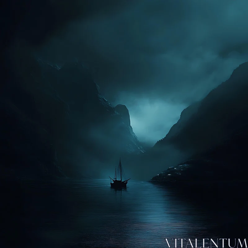 Solitary Vessel in Mysterious Foggy Landscape AI Image