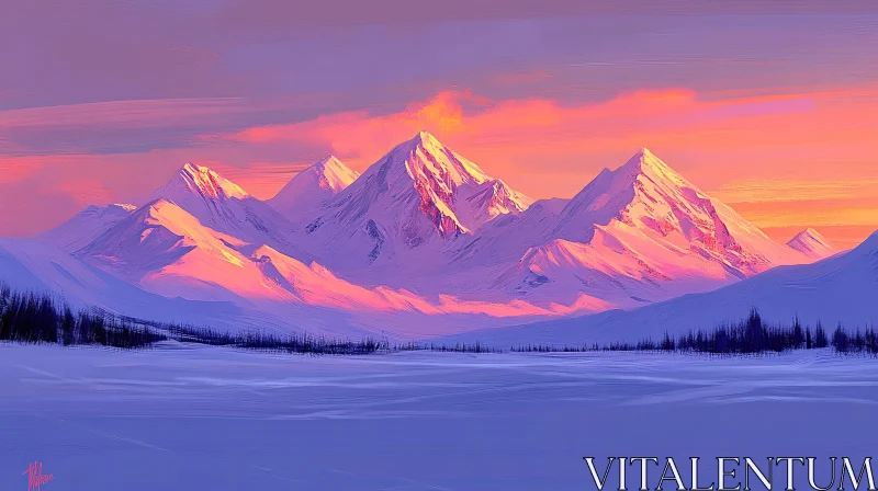 Sunset Over Snowy Mountain Peaks AI Image