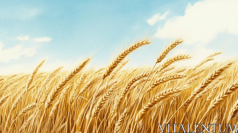 Wheat Field with Golden Stalks and Blue Sky AI Image