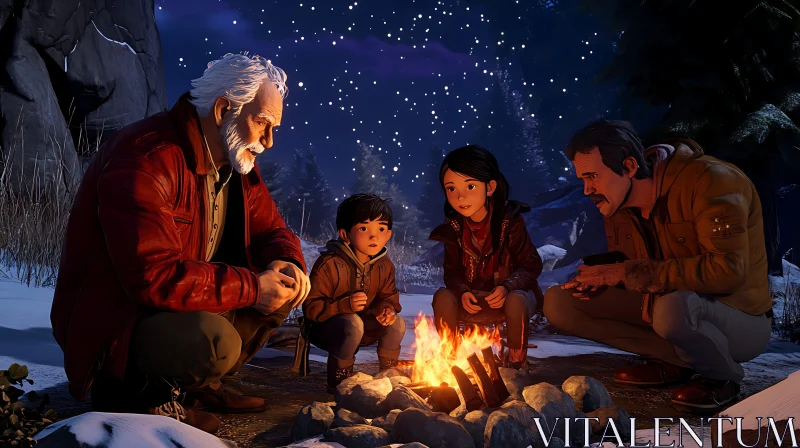 Nighttime Campfire Scene with Family in Winter AI Image