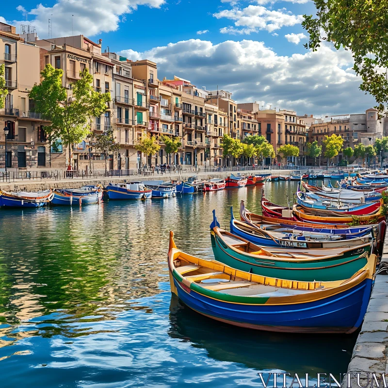 Colorful Marina With Docked Boats and Urban Landscape AI Image