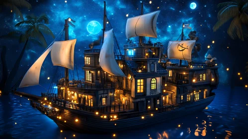 Moonlit Voyage of an Illuminated Ship